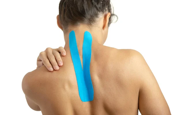 Weiblicher Rücken Mit Physiotape Auf Weißem Hintergrund — Stockfoto