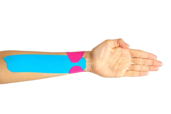 Vrouwelijke Hand Met Physio Tape Witte Achtergrond — Stockfoto