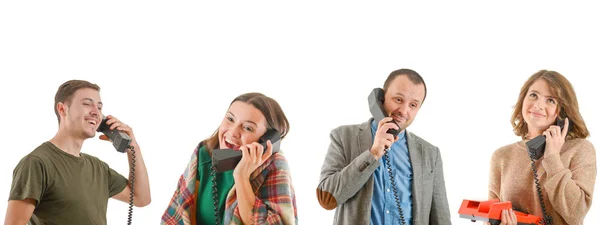 Grupo Personas Aisladas Hablando Blanco Teléfono Viejo — Foto de Stock