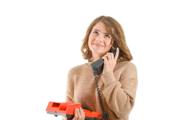 Photo Woman Who Speaking Old Phone Isolated White Background — Stock Photo, Image