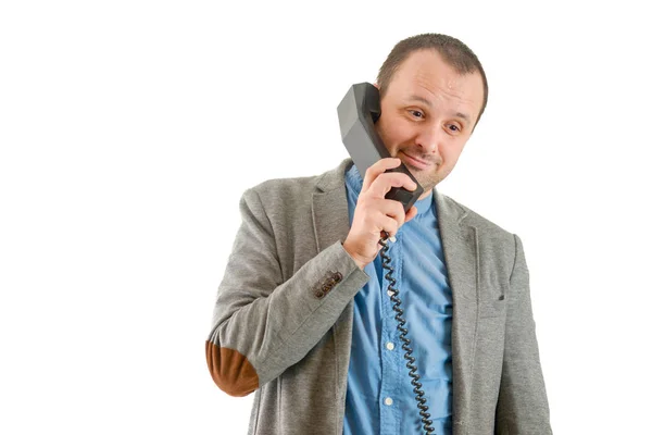 Foto Hombre Que Habla Teléfono Viejo Aislado Sobre Fondo Blanco — Foto de Stock
