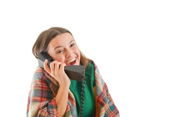 Foto Una Mujer Que Habla Teléfono Viejo Aislada Sobre Fondo — Foto de Stock