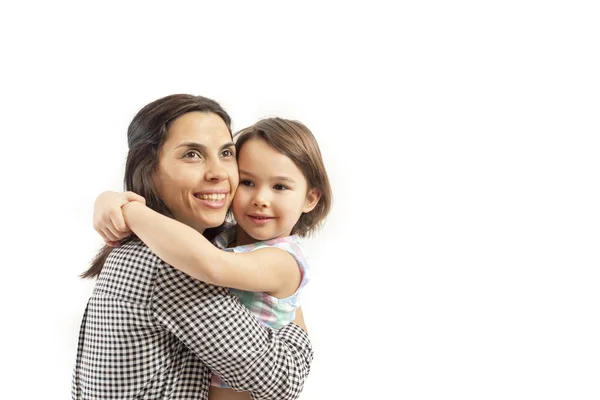 Retrato Hija Feliz Abraza Madre Aislada Blanco —  Fotos de Stock