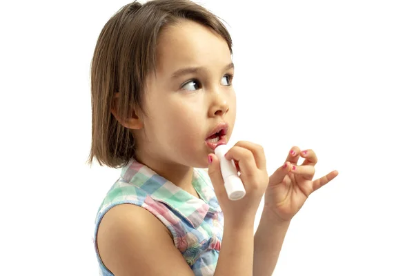 Portrait Little Baby Girl Paints Lips Lipstick Isolated White Background — Stock Photo, Image