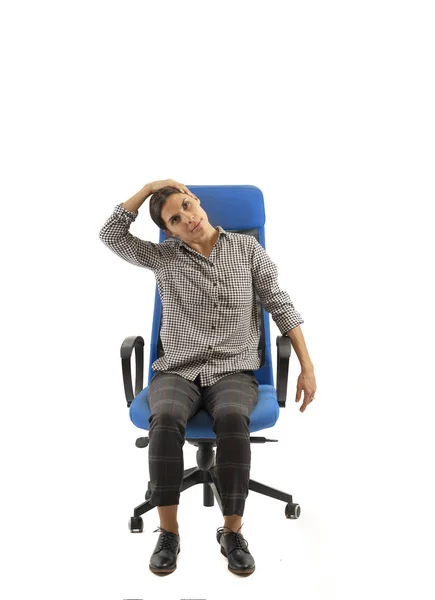 Woman Doing Exercises While Sitting Office Chair Isolate — Stock Photo, Image