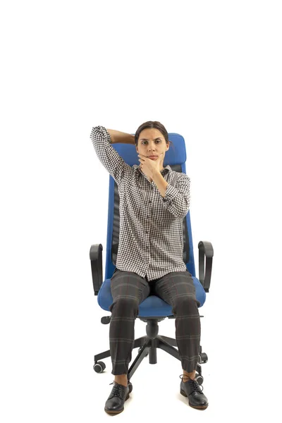 Femme Assise Sur Chaise Bureau Bougeant Tête — Photo