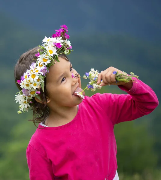 花冠の笑顔と草原で楽しんでいるかわいい女の子 — ストック写真