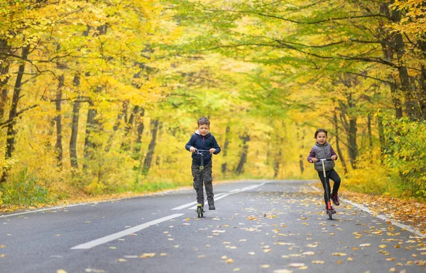 Dos Niños Con Scooter Calle Otoño — Foto de Stock