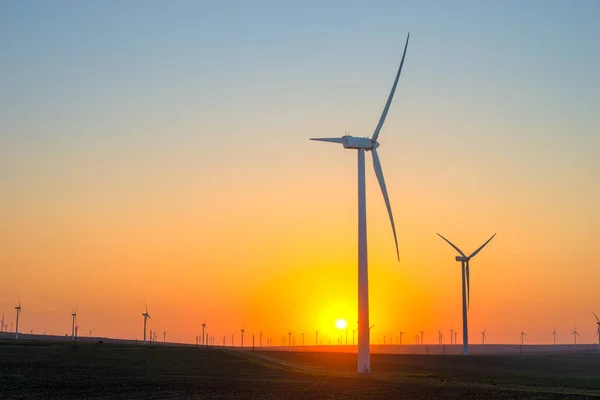 Mulini Vento Tramonto Sul Campo — Foto Stock