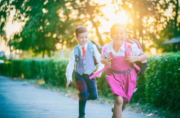 Twee Kleine Schoolkinderen Zijn Blij Elkaar Weer Ontmoeten Aan Het — Stockfoto