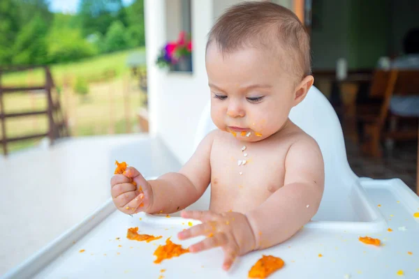 Funny Adorable Dirty Little Baby Girl Months Eats While Sitting — Stock Photo, Image