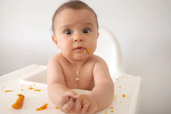 Funny Adorable Dirty Little Baby Girl Months Eats While Sitting — Stock Photo, Image