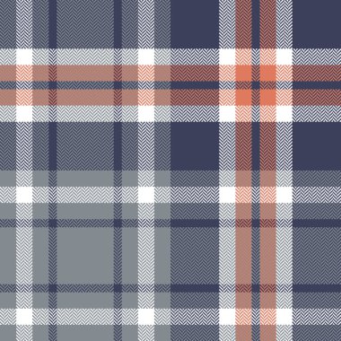 Tartan ekose desenli vektörü mavi, gri, turuncu, beyaz olarak kontrol et. Herringbone, battaniye, örtü, yorgan örtüsü, masa örtüsü ya da diğer modern sonbahar kış tekstil tasarımları için ekosesiz çek..