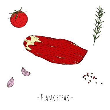 Biftek. Vektör karikatür çizimi. Beyaz arka planda izole bir nesne. Elle çizilmiş biçim.