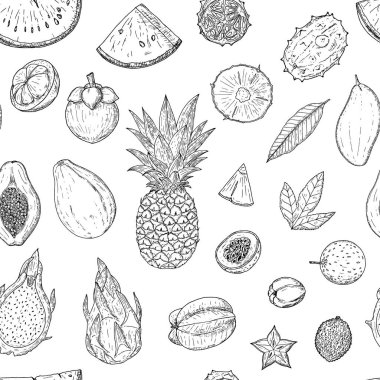 Kusursuz tropikal meyve deseni. Vektör karikatür arka planı. Elle çizilmiş biçim.