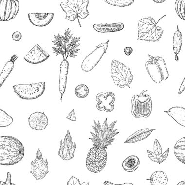 Meyve ve sebzelerin kusursuz deseni. Vektör karikatür arka planı. Elle çizilmiş biçim.