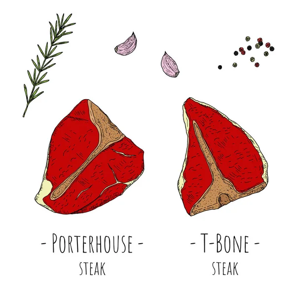 Benstek Och Porterhouse Stek Tecknad Vektor Illustrationer Isolerade Objekt Vit — Stock vektor