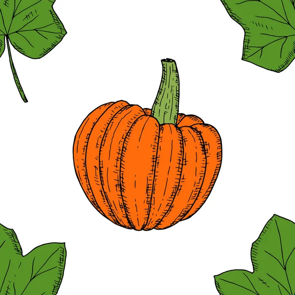 Patrón Sin Costuras Calabazas Enteras Hojas Calabaza Fondo Dibujos Animados — Vector de stock