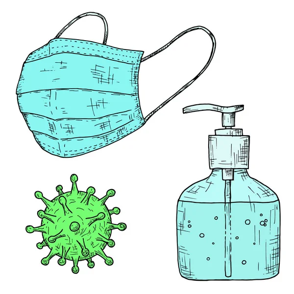 Protecciones Contra Coronavirus Mascarilla Médica Desinfectante Ilustraciones Vectoriales Objetos Aislados — Vector de stock