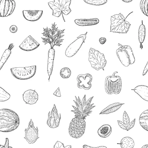 Meyve ve sebzelerin kusursuz deseni. Vektör karikatür arka planı. Elle çizilmiş biçim.