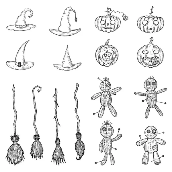 Halloween Illusztrációk Vektor Rajzfilm Ikonok Elszigetelt Tárgyak Fehér Háttérrel Kézzel — Stock Vector