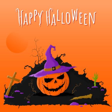 Mutlu Cadılar Bayramı. Pankart ya da poster. Vektör. Siyah arka planda cadı şapkası olan bir balkabağı..