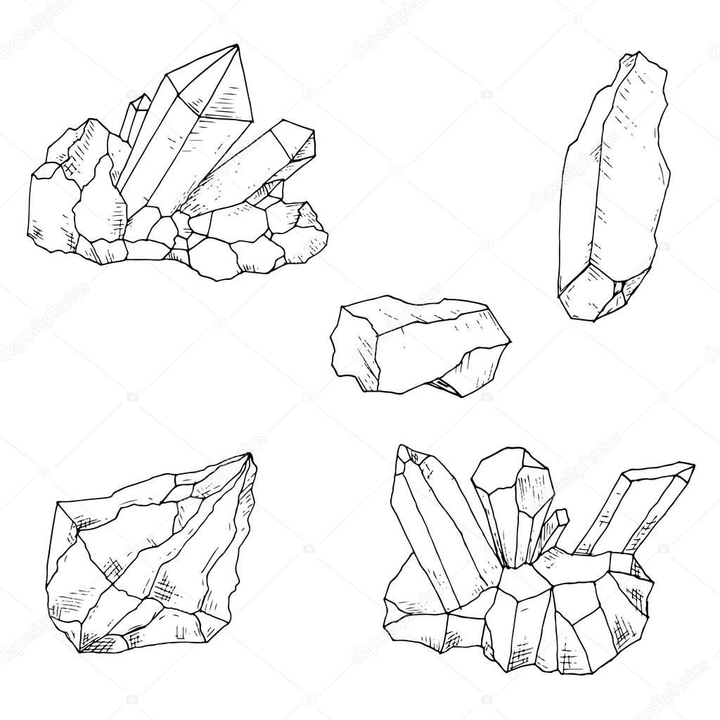 Set of crystals, minerals and gemstones. Vector cartoon illustrations. Isolated objects on white. Hand-drawn style.