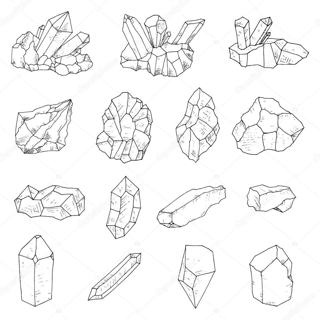 Set of crystals, minerals and gemstones. Vector cartoon illustrations. Isolated objects on white. Hand-drawn style.