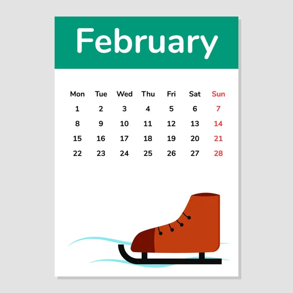 Folha Calendário Fevereiro 2021 Com Ilustração Patins Vetor — Vetor de Stock