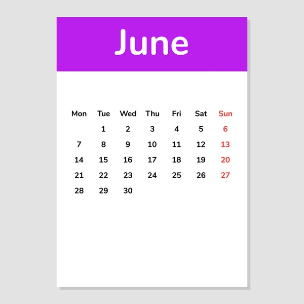 Juni 2021 Kalenderblad Vektorillustration — Stock vektor