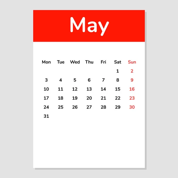 Kalenderblad För Maj 2021 Vektorillustration — Stock vektor