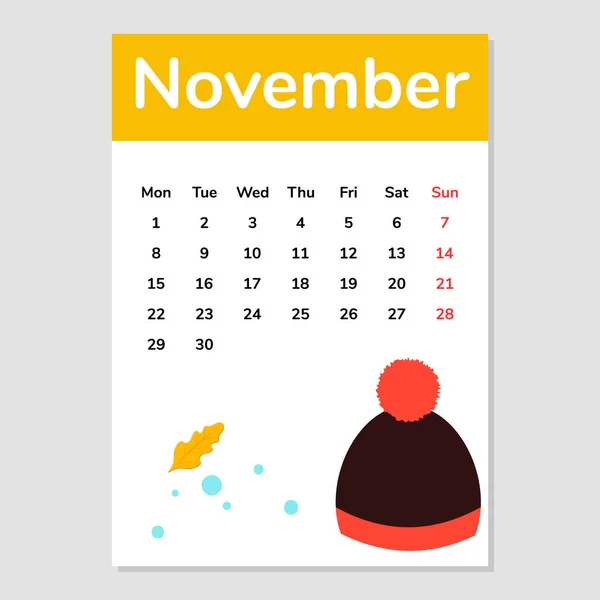 November 2021 Kalenderblad Med Hatt Illustration Vektor — Stock vektor