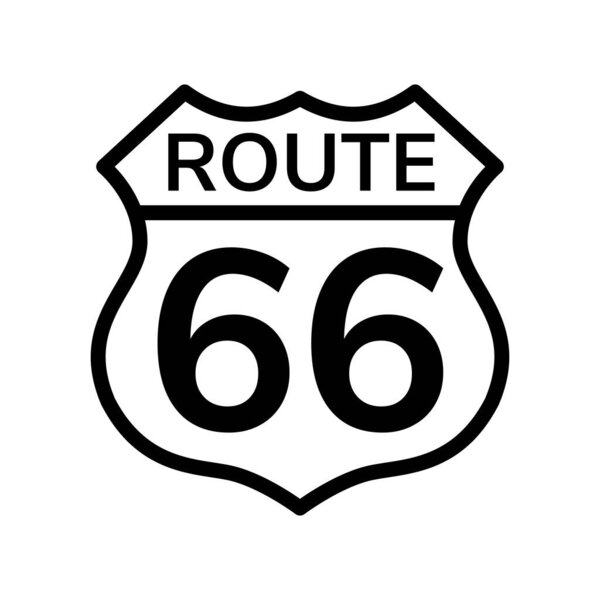 Route 66 sign. Black and white. Outline icon. Isolated object on white. Vector illustration.
