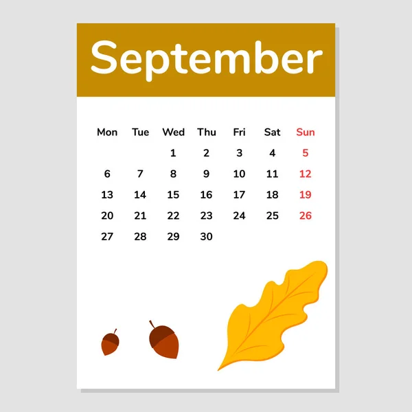 Feuille Calendrier Septembre 2021 Avec Illustration Des Feuilles Automne Vecteur — Image vectorielle
