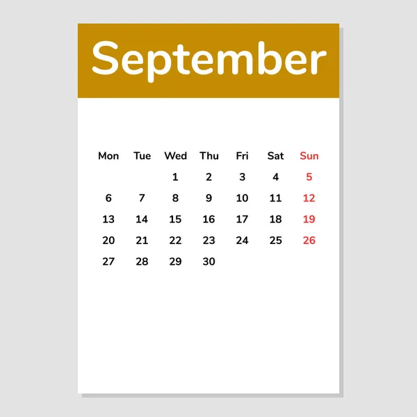 September 2021 Kalenderblad Vektorillustration — Stock vektor