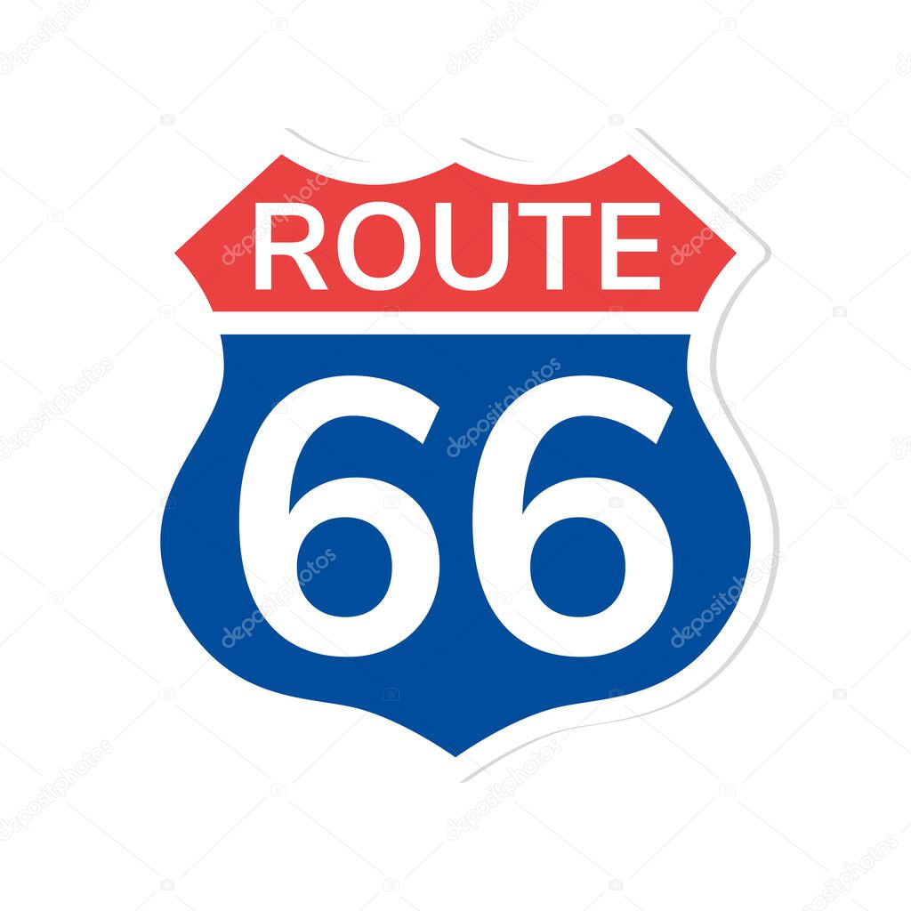 Route 66 sign. Blue and red colors. Vector illustration. Isolated object on white.