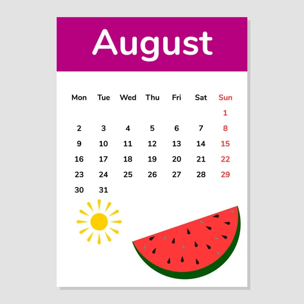 Agosto 2021 Hoja Calendario Con Ilustración Sandía Vector —  Fotos de Stock