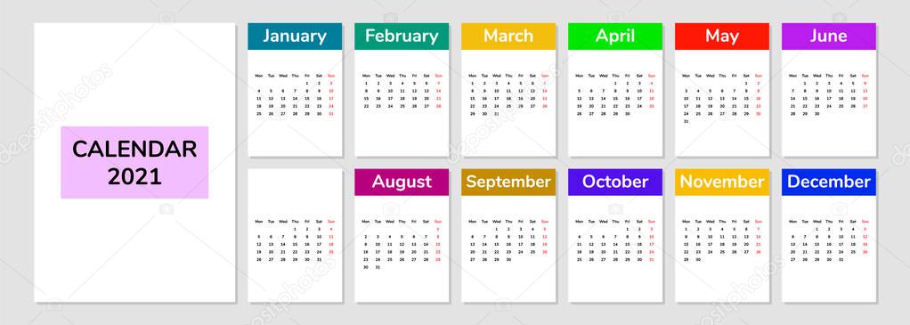 2021 calendar template. Calendar sheets with different colors. Vector illustration. Minimalism.