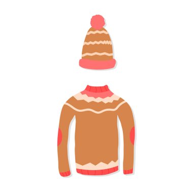 Kış giysileri Şapka ve kazak. Vektör karikatür çizimleri. Beyaz üzerine izole bir nesne. Düz tasarım.