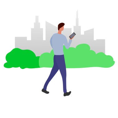 Parkta telefonla yürüyen bir adam. Vektör çizimi. İzole edilmiş. Düz tasarım.