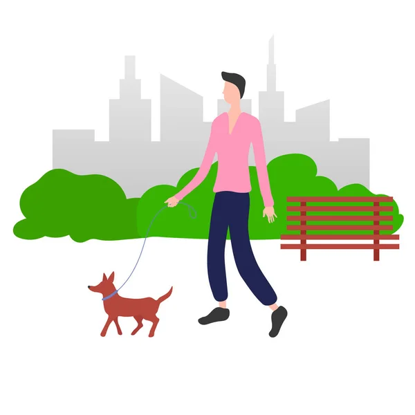 Человек Собакой Гуляет Парке Векторная Иллюстрация Плоский Дизайн Изолированные Объекты — стоковый вектор