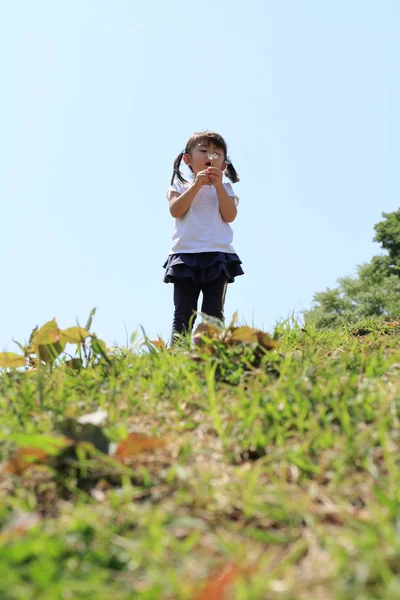 Japonesa Chica Soplando Diente León Semillas Bajo Cielo Azul Años —  Fotos de Stock