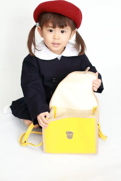 Niña Japonesa Uniforme Jardín Infantes Años Ángulo Alto Espalda Blanca —  Fotos de Stock