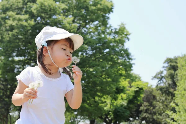 Japon Kız Mavi Gökyüzü Altında Yaşında Karahindiba Tohum Üfleme — Stok fotoğraf