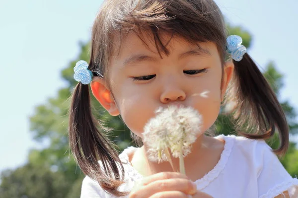 Japon Kız Mavi Gökyüzü Altında Yaşında Karahindiba Tohum Üfleme — Stok fotoğraf