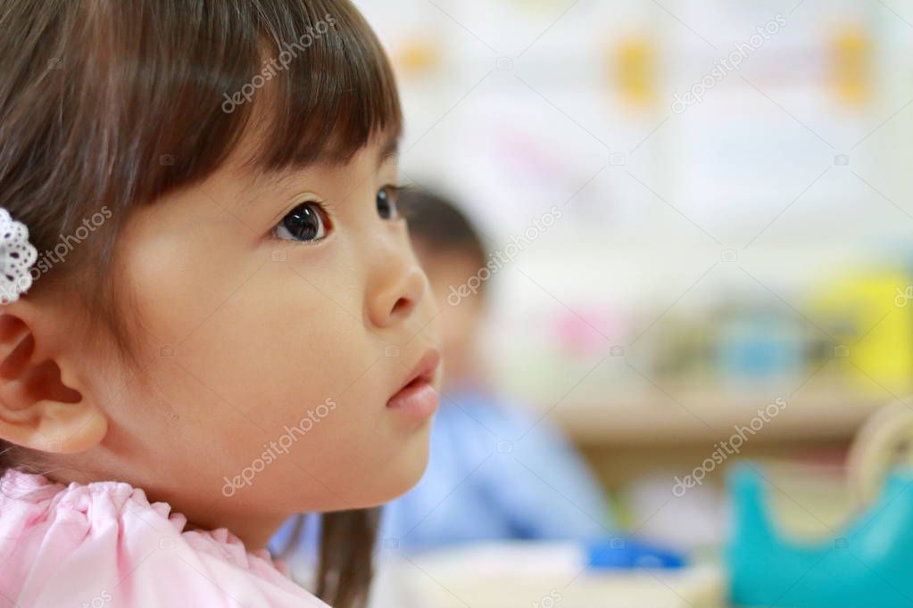 Japanese girl in playwear in her classroom (3 years old) (white back)