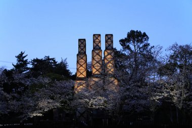 Izu, Shizuoka, Japonya (gece sahnesi Nirayama reverberatory fırınlar ve kiraz çiçekleri)