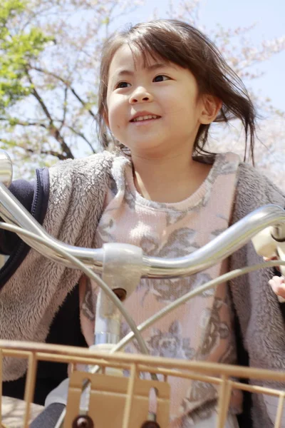 Chica japonesa montando en la bicicleta bajo flores de cerezo (4 años) ) — Foto de Stock