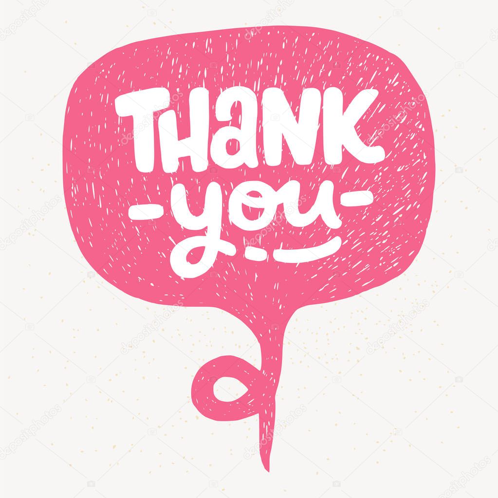 'Thank you' hand lettering. Fun doodle style typographic headline in pink speech bubble.
