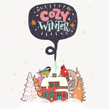 Sıcacık kış el yazısı. Karlı bir orman ve kış kuşlar evde oturma sevimli ev ile sahne elle çizilmiş çizimi. 